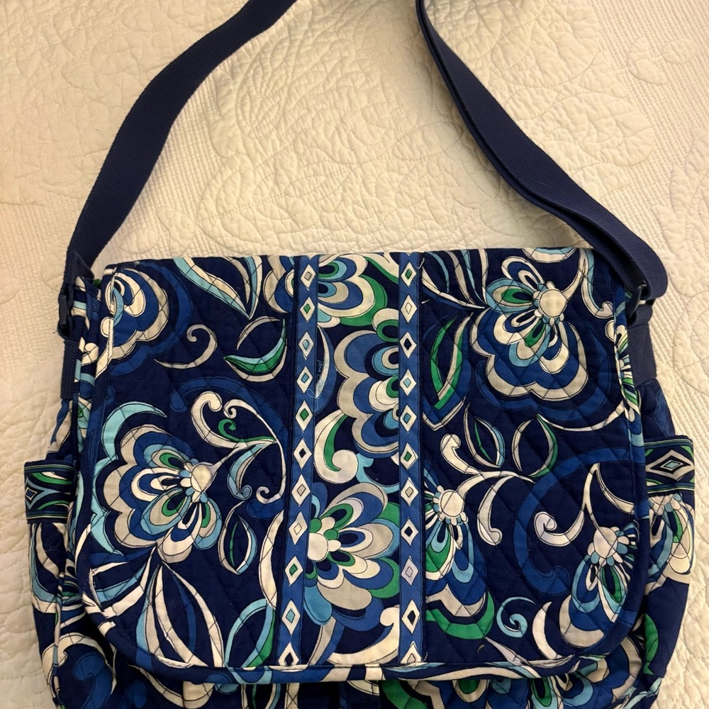Vera Bradley Navy Blue & Green Quilted Crossbody Laptop Bag
